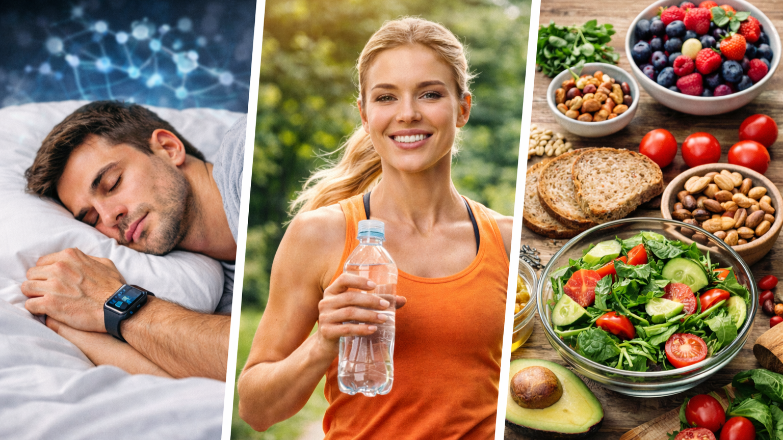 Žena po lehkém sportu pije vodu, vedle ní spící muž a vyvážené jídlo – symbol biohackingu bez extrémů, založeného na spánku, pohybu a běžné stravě.